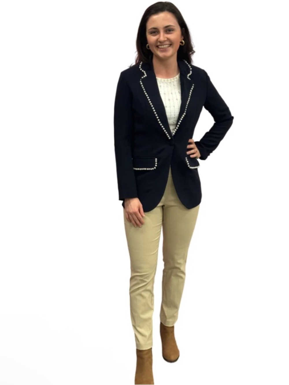 Liza Byrd Palmer Pearl Trimmed Blazer in Navy, NWT